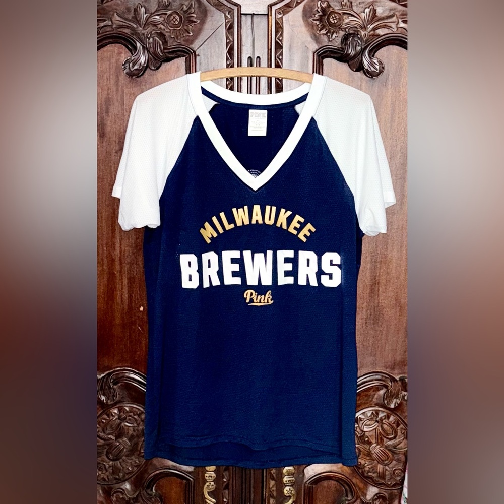 Pink Victoria’s Secret With 5th & Ocean Milwaukee Brewers V Neck Jersey!